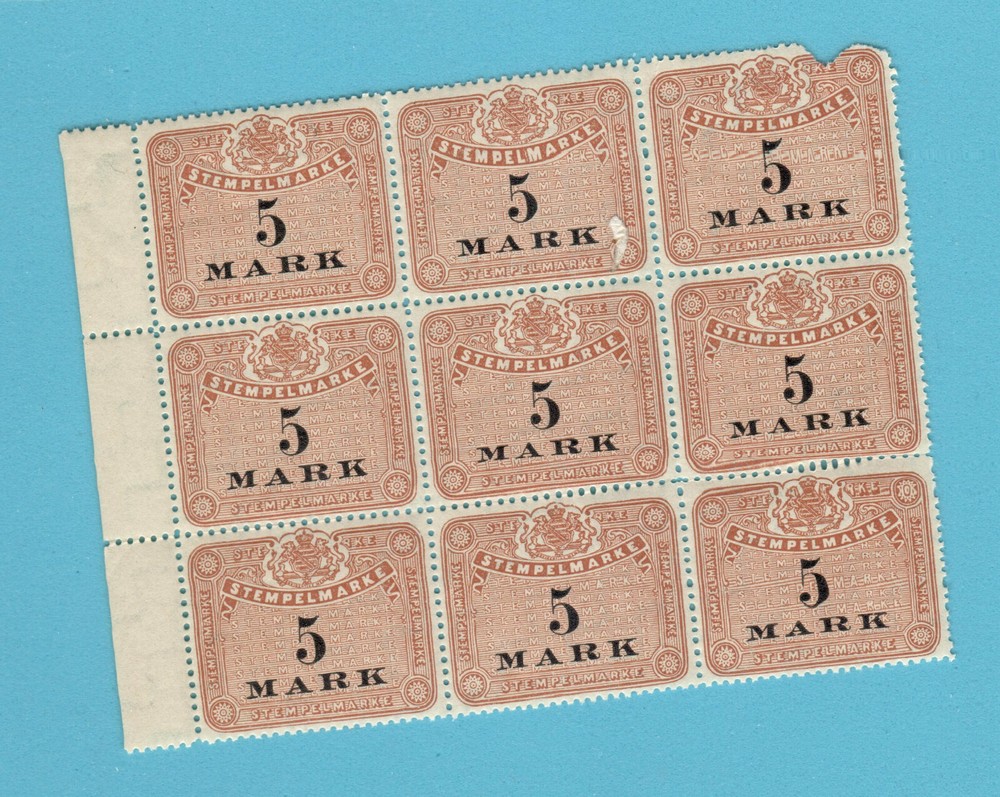 GERMANY BLOCK OF 9 REVENUE STAMPS MNH 1977