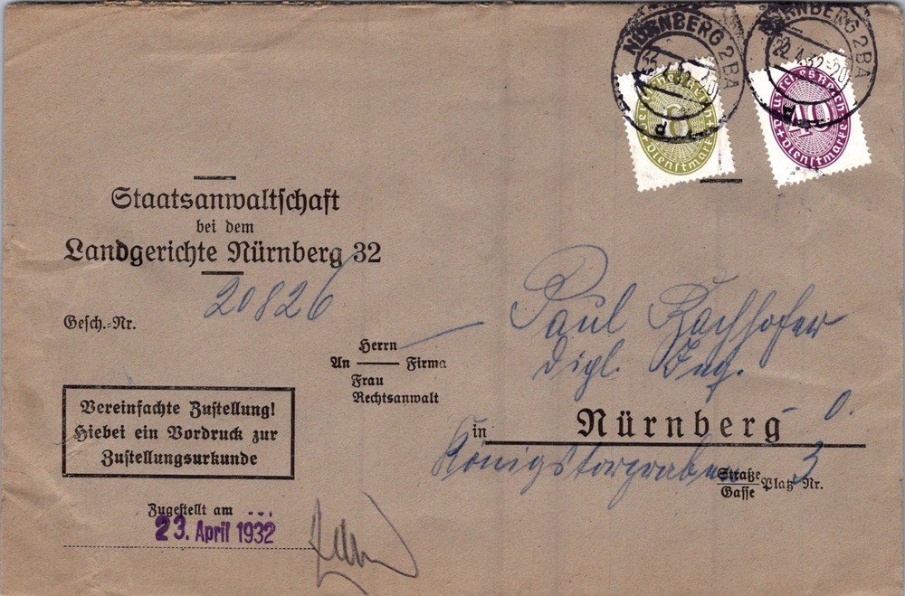GERMANY 1932 POSTAL OFFICIAL COVER STAMPS ADDR & POSTMARK NURNBERG