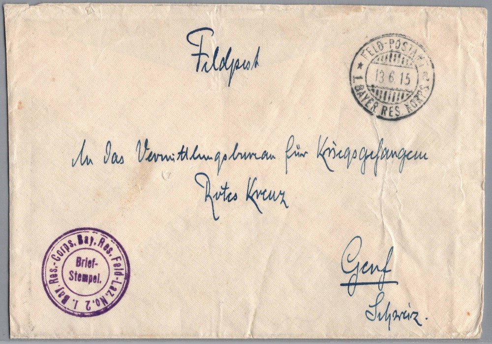 WWI German Feldpost 1915 Hospital to Red Cross Committee Geneva Switzerland /