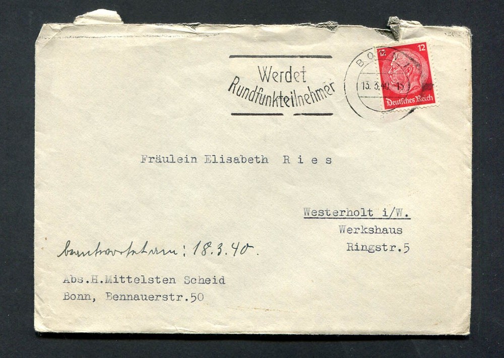 German Reich WW II : Nice cover from 1940 – Bonn 1 – slogan cancel – used