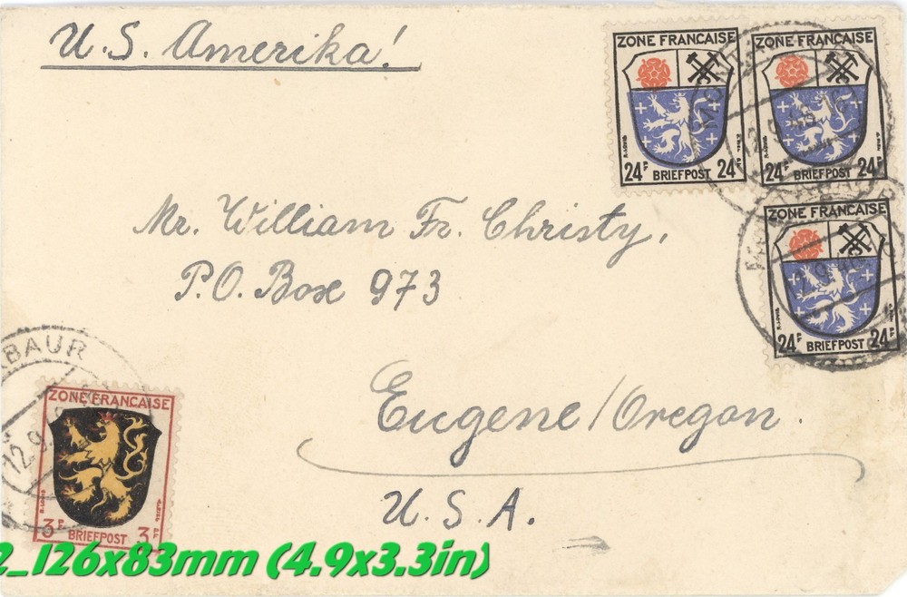 French Zone Germany 1940s Cover To USA With 24pf X3 And 3fr Briefpost Shield