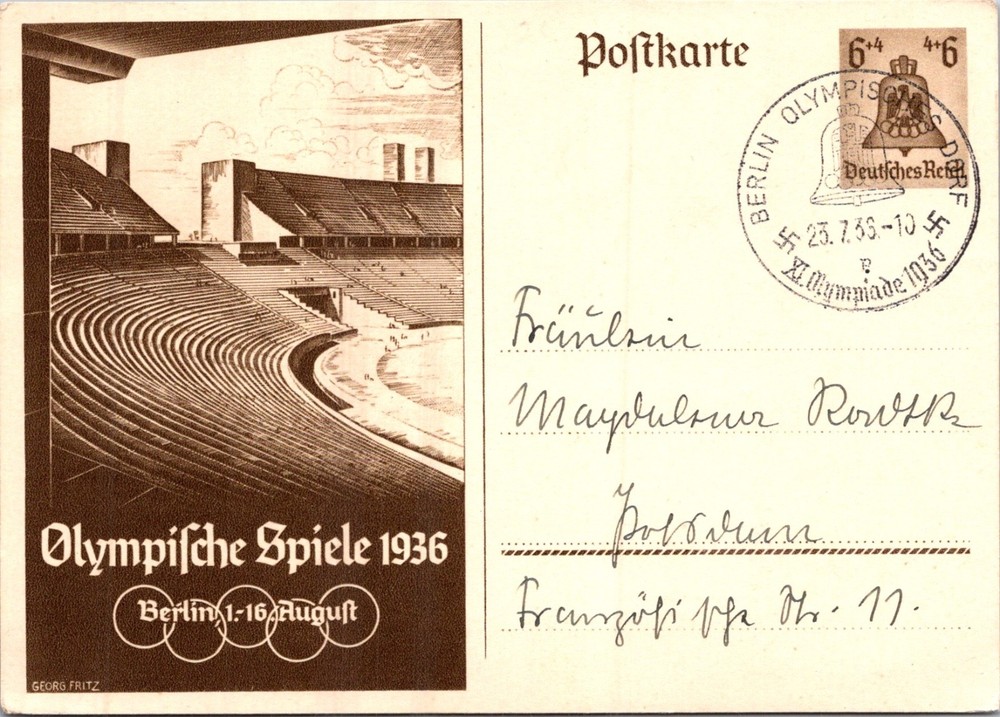 GERMANY 1936 LLUSTRATED STATIONERY 0LYMPICS POSTCARD SEMI-POSTAL ADDR & POSTMARK