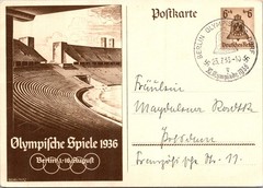 GERMANY 1936 LLUSTRATED STATIONERY 0LYMPICS POSTCARD SEMI-POSTAL ADDR & POSTMARK