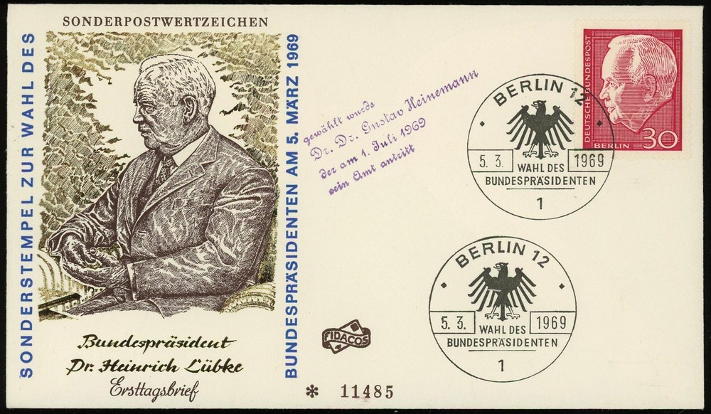 Germany Berlin 1969 Heinrich Lübke Elected Federal President Special Postmark