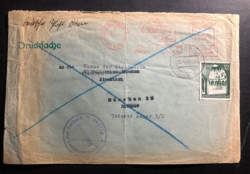 1941 Munich Germany Electric Company Meter Cancel Cover To Krakau GG Poland