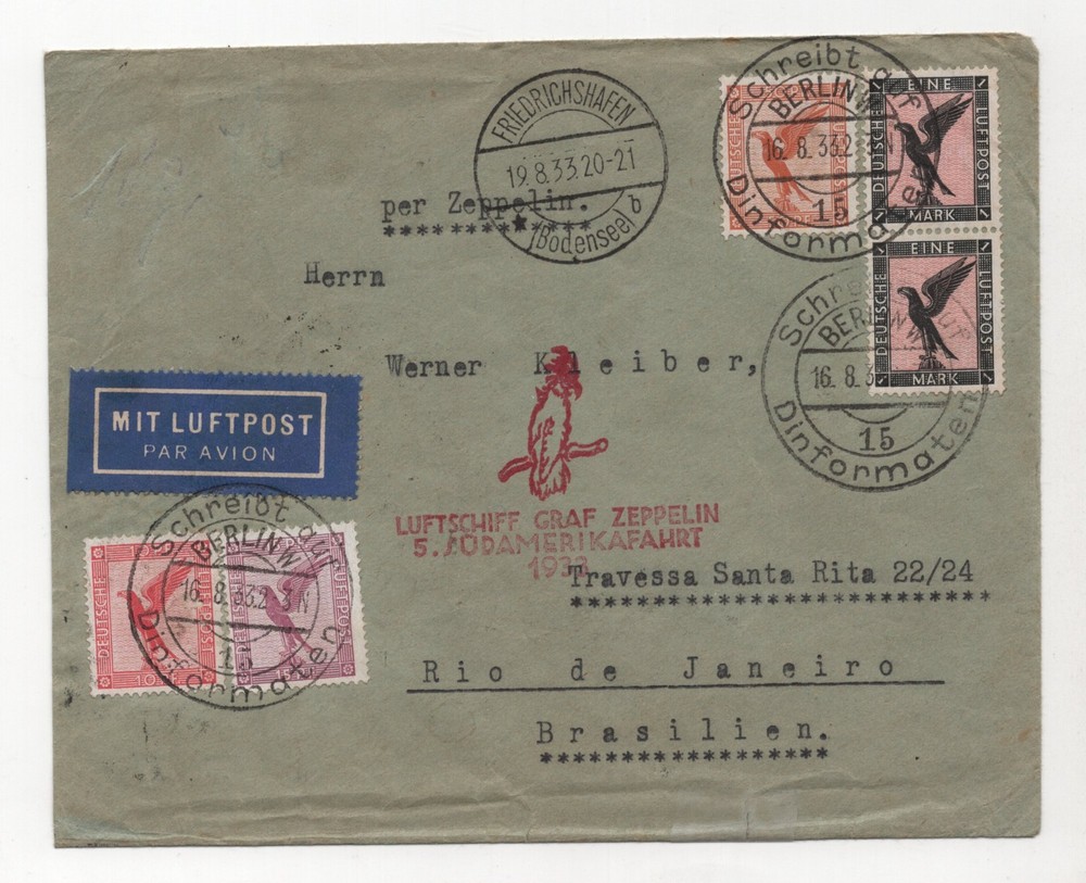 GERMANY 1933 BRAZIL GRAF ZEPPELIN SOUTH AMERICAN FLIGHT BERLIN TO RIO DE JANEIRO