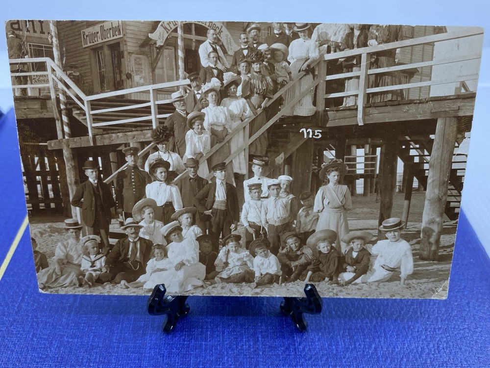 1903 Germany Pier/Beach scene Postcard RPPC to Berlin, Faces of the past.