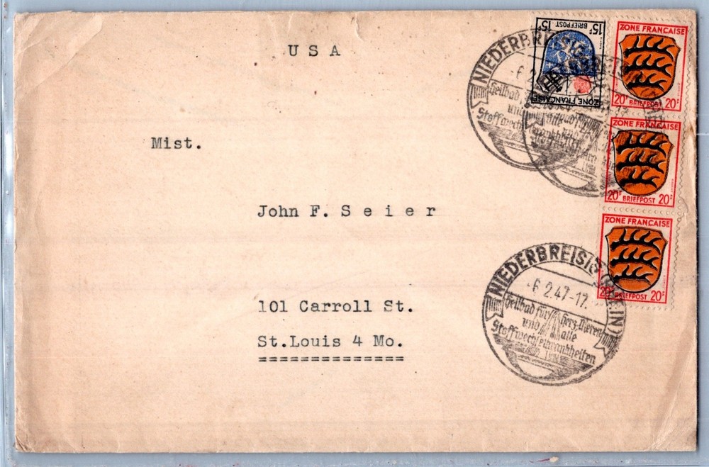 GERMANY 1947 FRANCE OCCUP ZONE POSTAL COVER MULT FRANKING ADDR USA & POSTMARK