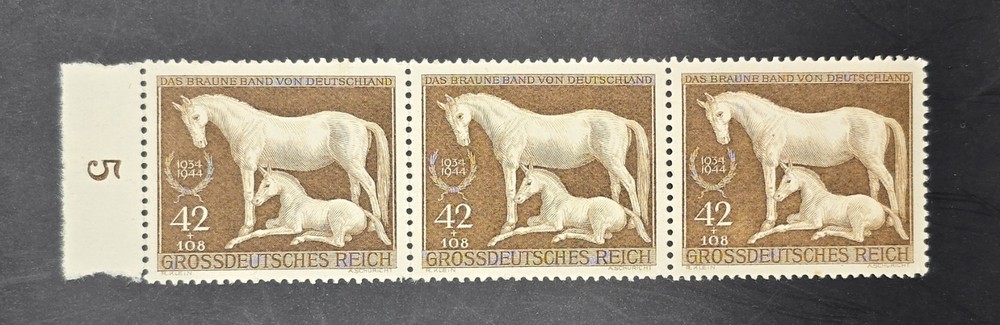 ​Germany 1944 Braunes Band Horse Race MNH Strip of 3 Left Sheet Margin Num 5 Mi