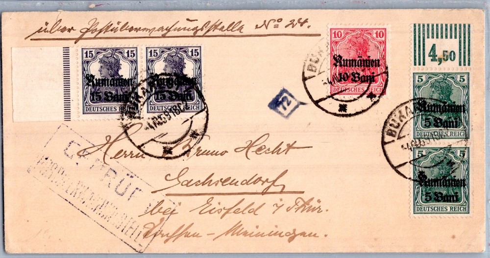GERMANY 1918 WWI ROMANIA OCCUP CENSORED COVER MULT STAMPS ADDR POSTMARK BUKAREST