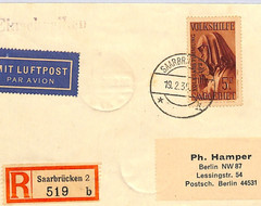 SAAR Cover *VOLKSHILFE* (1934) 5f Top HIGH VALUE Plebiscite 1935 O/p Air XM62