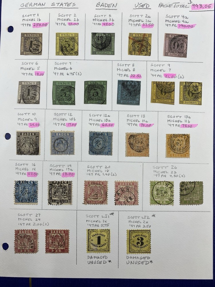 Germany States, Baden, Used – hinged on one album page, 1851-1868, High Value.