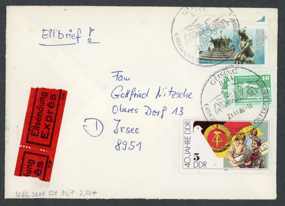 East Germany Geising to West Germany Irsee Express Cover 1989 Mauerfall Era