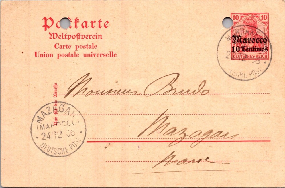 GERMANY 1906 MOROCCO POSTAL STATIONERY POSTCARD ADDR MAZAGAN POSTMARK MARRAKECH