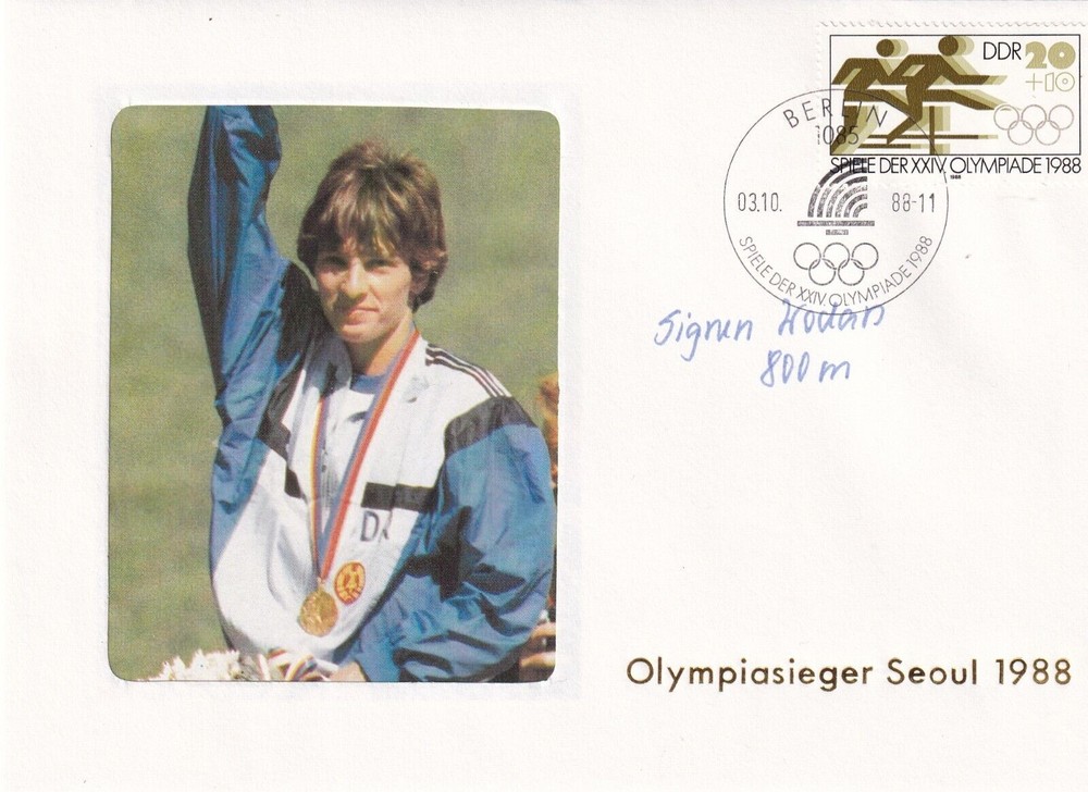 SA18j Germany DDR 1988 OG Seoul Original Signed Cover – Athletics, Sigrun Wodars