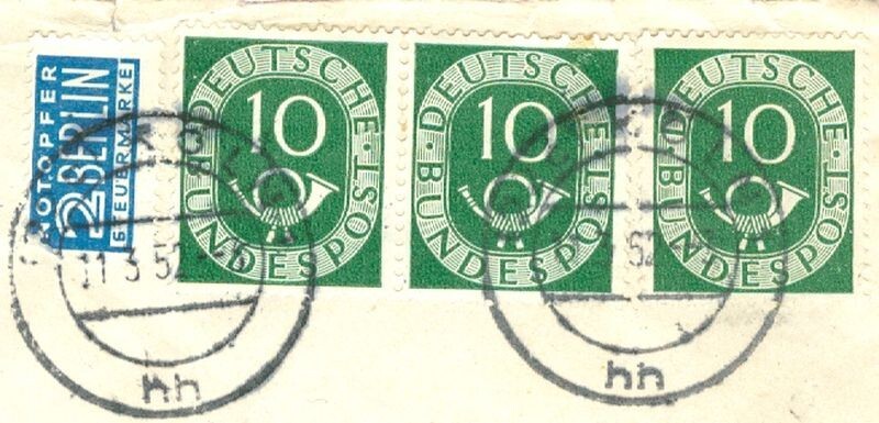 West Germany Posthorn 10pf BOGEN Horizontal Pair + used on cover to USA