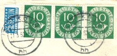 West Germany Posthorn 10pf BOGEN Horizontal Pair + used on cover to USA