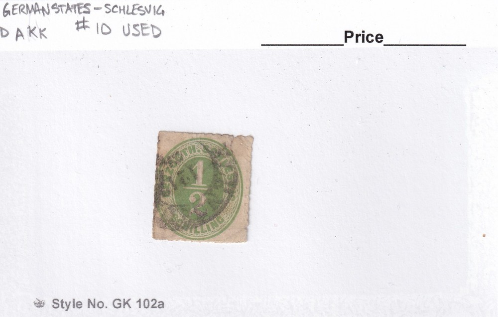 MATT’S STAMPS GERMAN STATES – SCHLESWIG #10 HALF-SCHILLING ISSUE 1865 USED CV$55