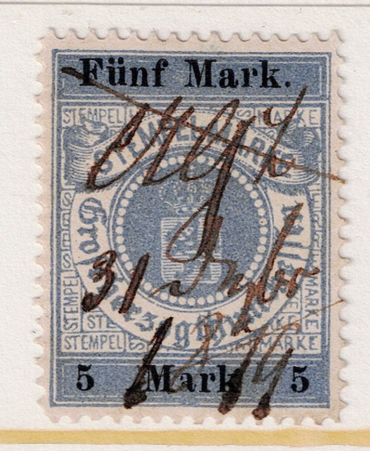 Germany Early 5 Mark Revenue Stamp Used – S32039