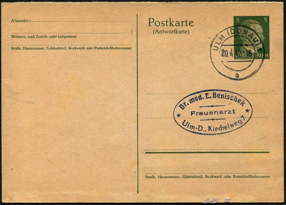 Germany Ulm Donau Hitler Birthday Favor Cancel Stationery Postal Card 1942 WWII
