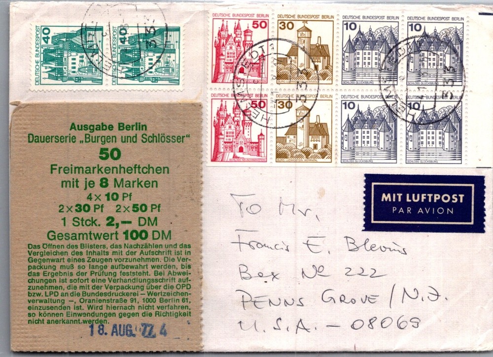 GERMANY 1977 POSTAL AIRMAIL COVER MULT FRANK BOOKLET STAMPS ADDR USA & POSTMARK