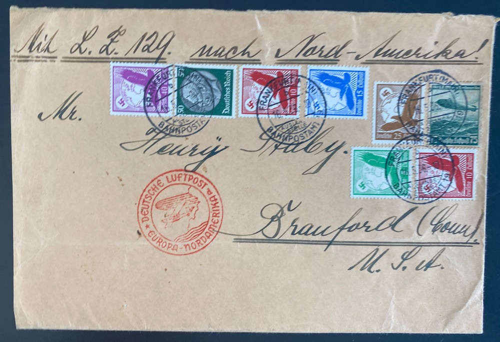 1936 Frankfurt Germany Hindenburg Zeppelin LZ 129 Flight To Bradford CT USA