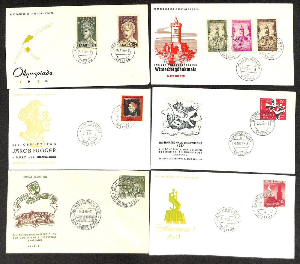 Saar -Germany, First Day Covers FDC, Lot of 6, 1956-1959 (BE)
