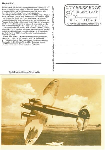 Oderland Letter: „70 Years First Flight Of The Heinkel He-111“, Postcard, ESSt.