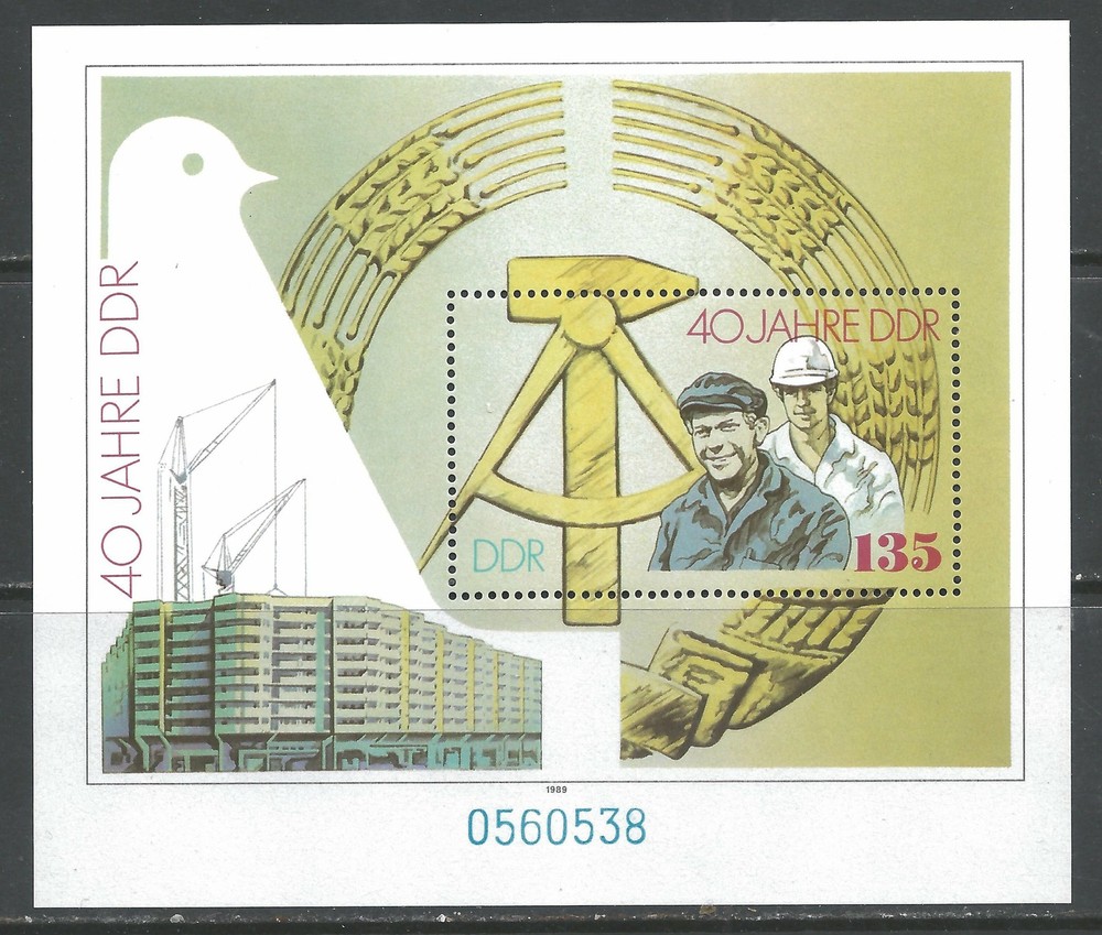 DDR #MiBl100 MNH S/S 1989 Arms Peace Dove Workers Helmet Building Compass [2780]