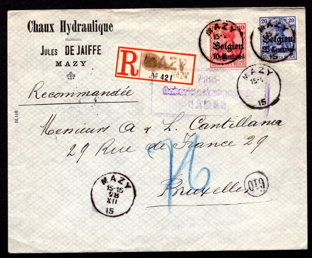 GERMANY BELGIUM OCCUPATION 1915 REGISTERED COVER FROM MAZY TO BRUXELLES FRANKED