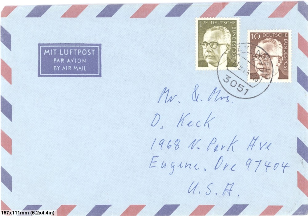 West Germany Airmail Cover To USA Bundespost Heuss Stamps 1960s