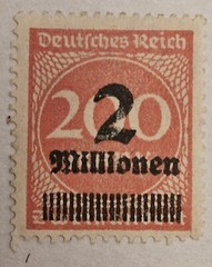 1923 Weimar Republic German Overprint 2 million on 200 Hyperinflation Stamp