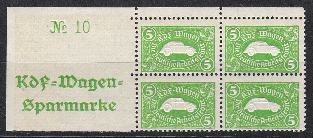 Stamp Germany Revenue Block WWII 3 Reich VW KDF Volkswagen Plate MNH