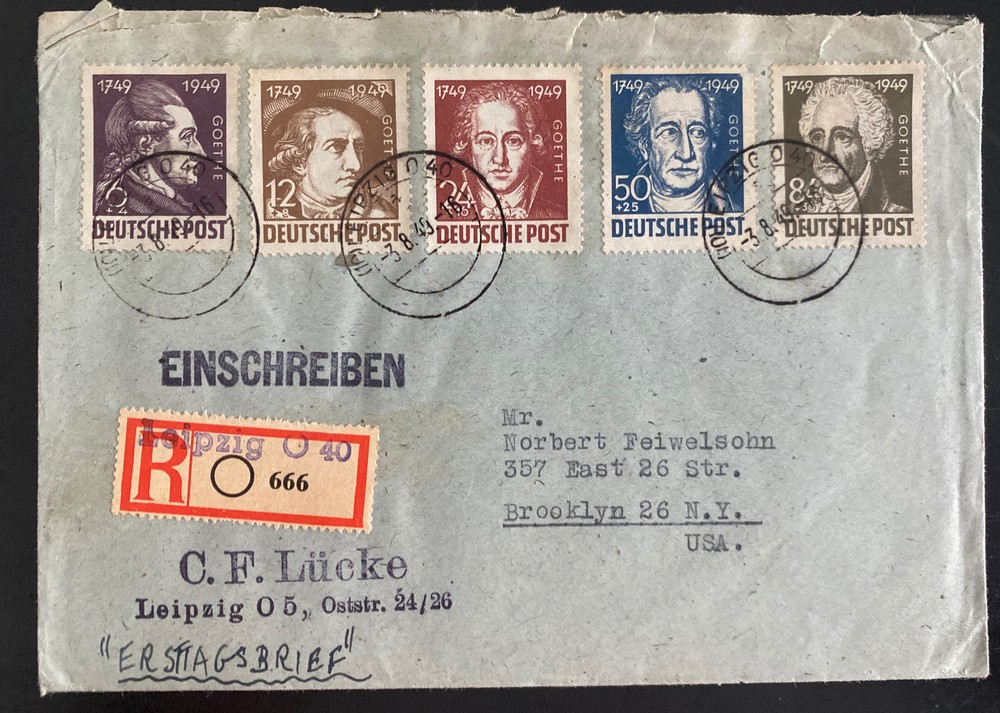 1949 Leipzig Germany first Day cover to Brooklyn NY Usa Goethe Tercentenary