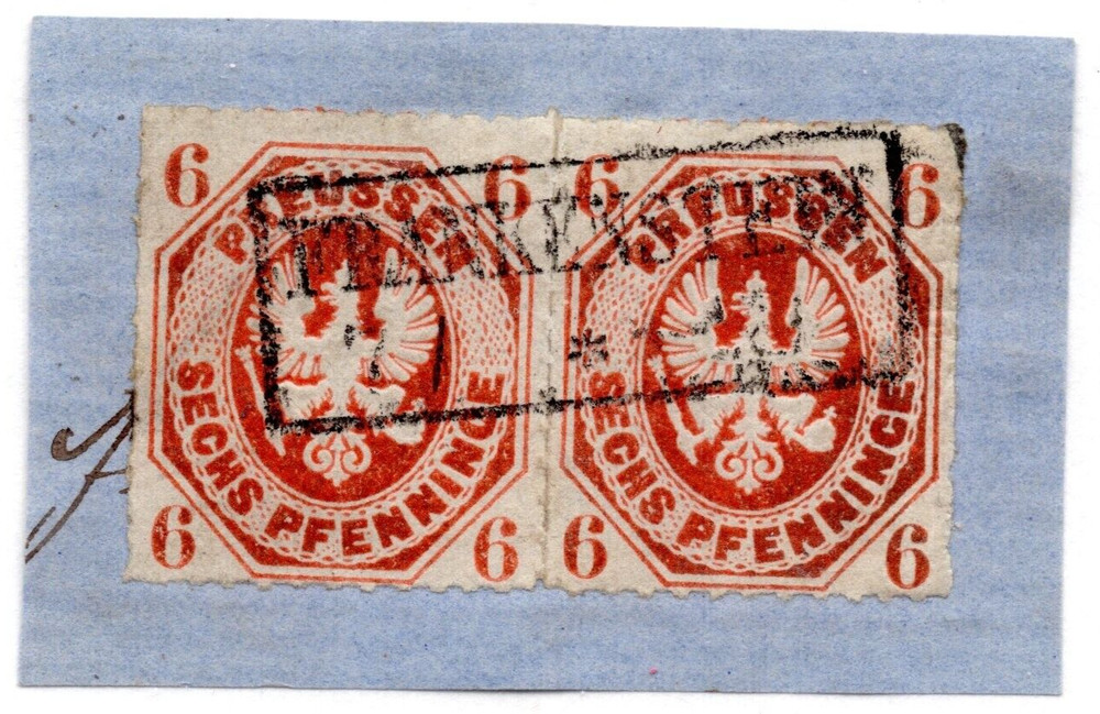 GERMANY 1861 PRUSSIA 6Pf. PAIR TIED SCOTT #16a VERMILLION COLOR