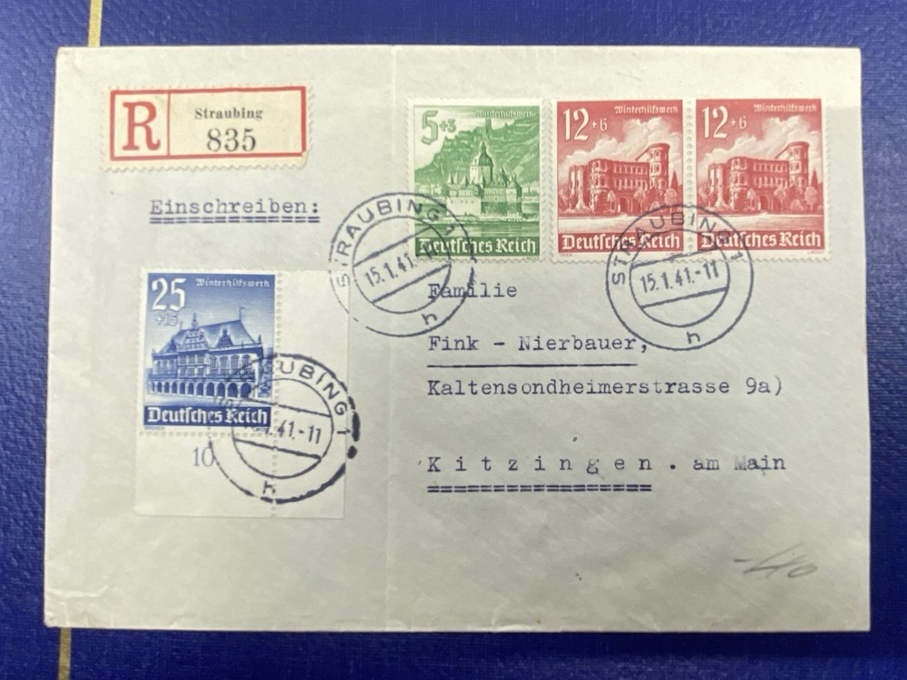 1941 GERMANY SEMI POST PAIR REGISTERED STRAUBING TO KITZINGEN