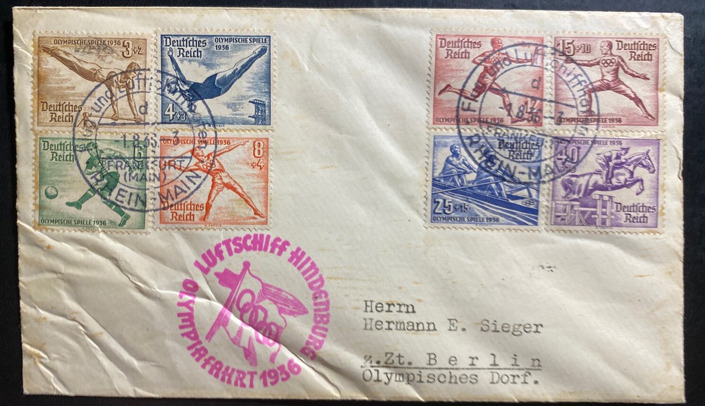 1936 Frankfurt Germany LZ 129 Hindenburg Zeppelin Olympics Cover set#B82-B89 1