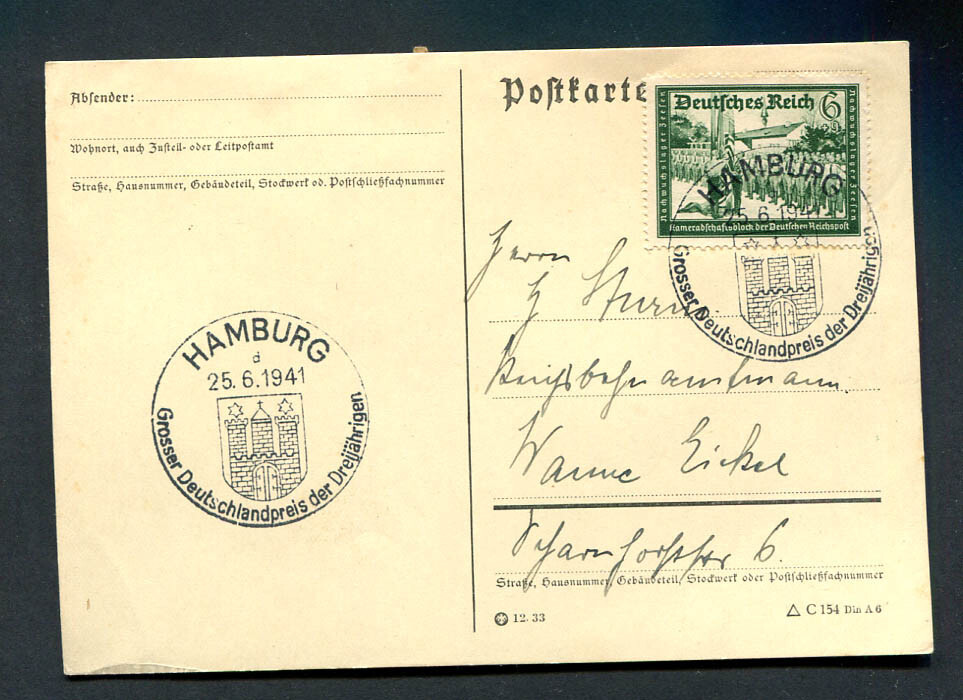 German Reich WW II : Better card from 1941 – fancy cancels Hamburg – used