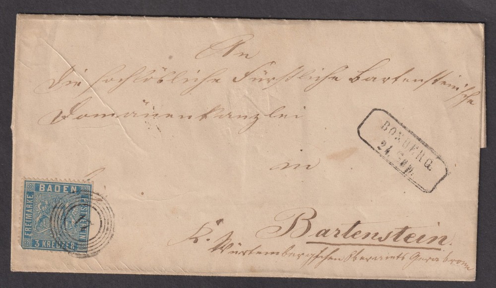 Baden 1860 3KR folded cover Boxberg over Mergentheim to Bartenstein