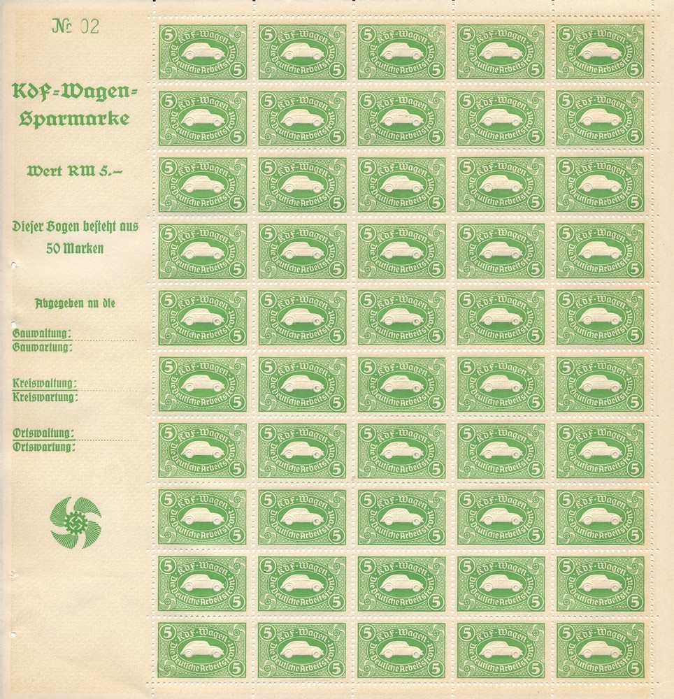 Stamp Germany Revenue Sheet WWII 3rd Reich Automobile KDF Volkswagen MNH