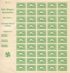 Stamp Germany Revenue Sheet WWII 3rd Reich Automobile KDF Volkswagen MNH