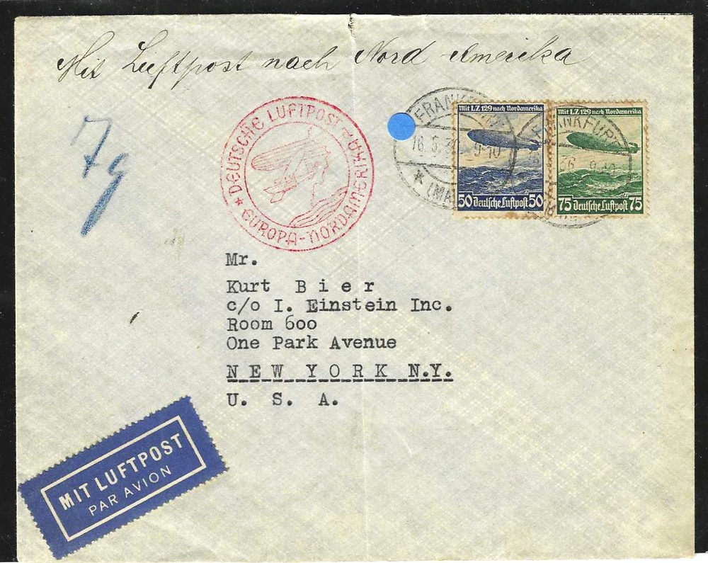 GERMANY 1936 Used „Hindenburg 2nd No. American Flight“ (to New York) Cover, VF