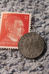 1942 German penny ~ 1 Pfenning ~ km#97 , WW2 Germany ~ + Red 12pf. Stamp