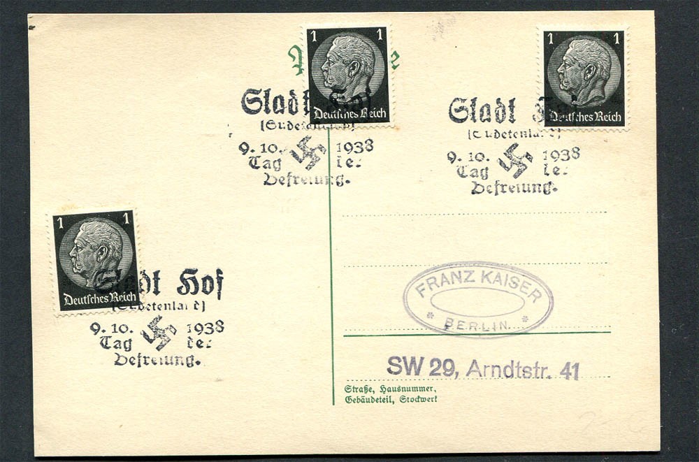 German Reich WW II : Sudetenland card with liberation cancels from 1938 – Hof –