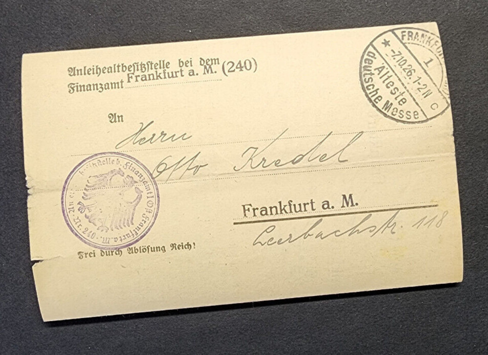WW1 WWI Imperial German Empire Postal cover & document letter 1926 Frankfurt