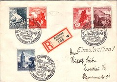 GERMANY 1938 POSTAL REG COVER MULT FRANKING SEMI-POSTAL COMM PICT CANC KARLSRUHE