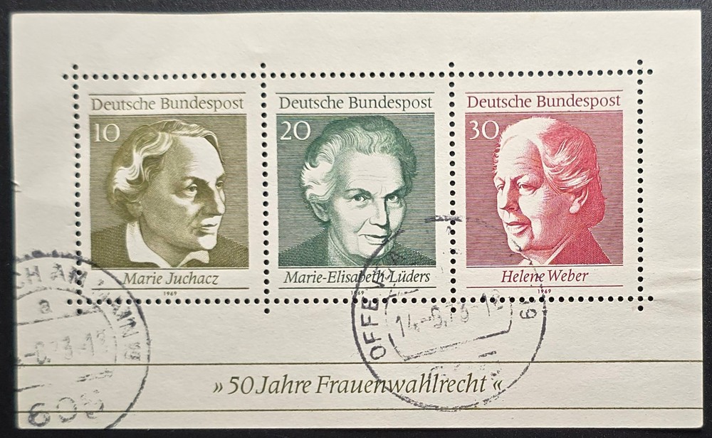 Germany – 1969 Scott 1007a 50 Years Womens Suffrage Souvenir Sheet – Stamp