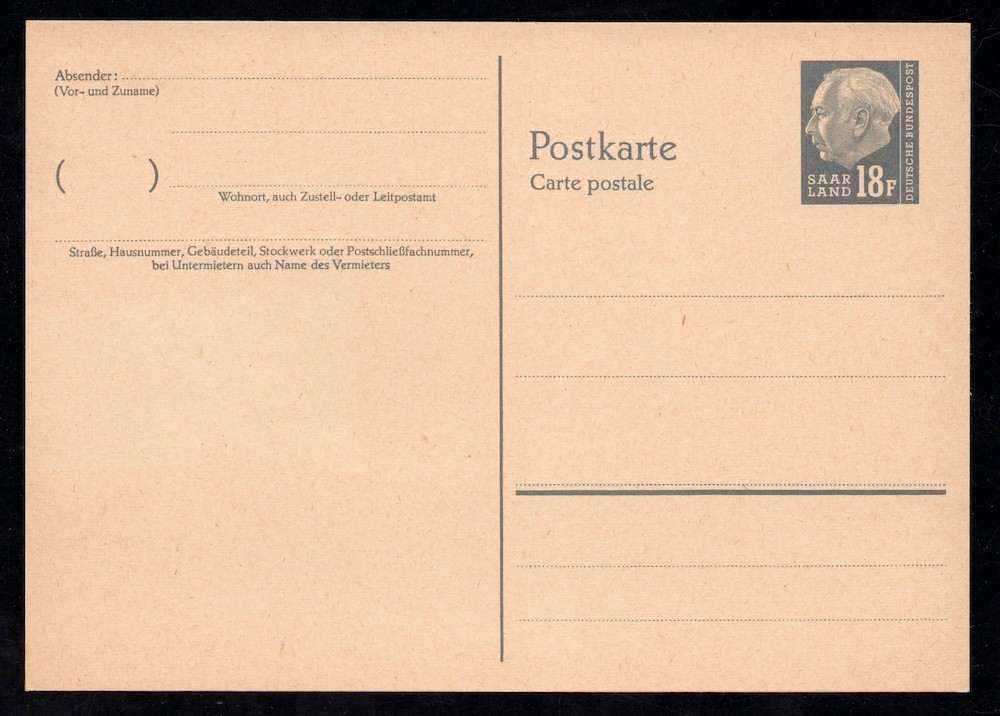 1957 Germany Saar Land postal stationery card 18 F unused