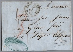 1855 Hamburg Germany to Liege Belgium Stampless Folded Letter Cover Very Nice /