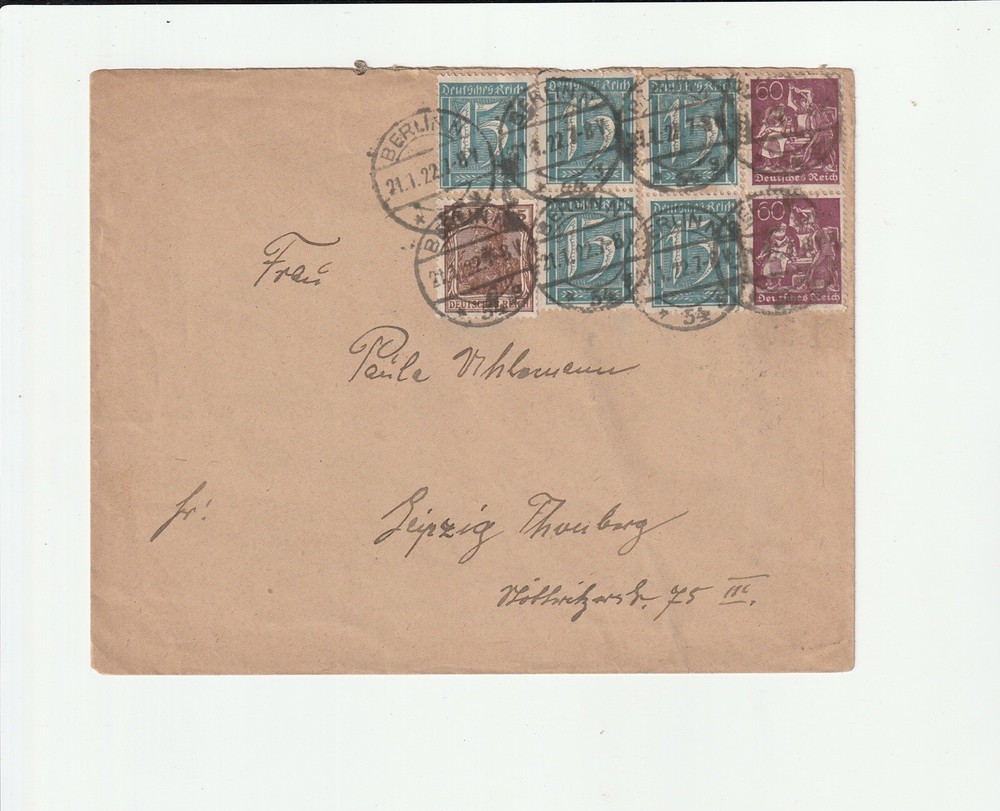 1922 BERLIN, GERMANY INFLATION COVER W/ 8 STAMPS INCLUDING 3 PAIRS